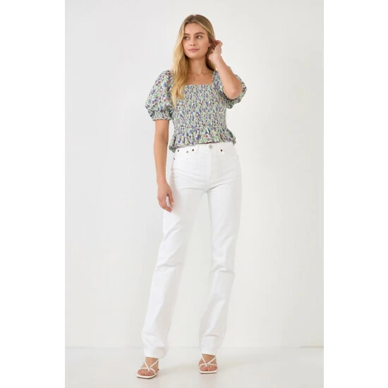 Endless Rose Jacquard Floral Smocked Puff Sleeve Top Tops Ivory/purple - Image 2