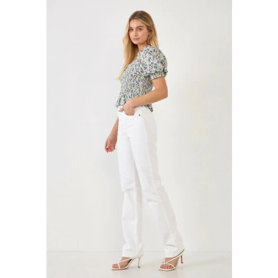 Endless Rose Jacquard Floral Smocked Puff Sleeve Top Tops Ivory/purple - Image 3