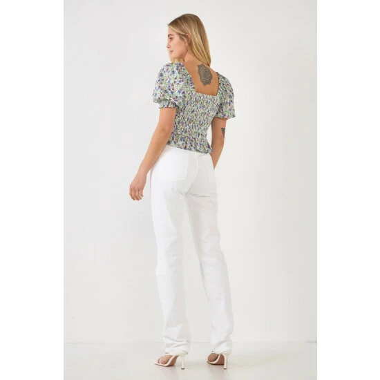 Endless Rose Jacquard Floral Smocked Puff Sleeve Top Tops Ivory/purple - Image 4