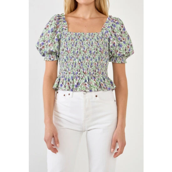 Endless Rose Jacquard Floral Smocked Puff Sleeve Top Tops Ivory/purple - Image 5