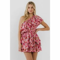 Endless Rose One Shoulder Floral Smocked Top Tops Fuchsia