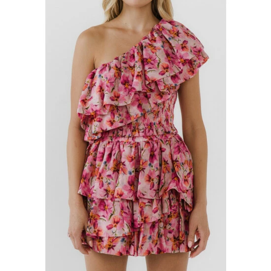 Endless Rose One Shoulder Floral Smocked Top Tops Fuchsia - Image 5