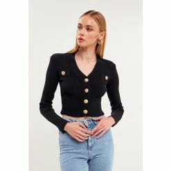Endless Rose Shank Button V-neckline Cardigan Sweatshirts & Sweaters Black