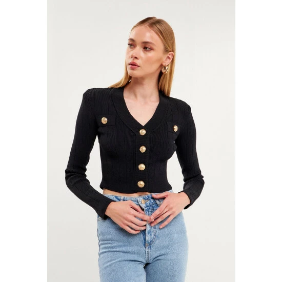 Endless Rose Shank Button V-neckline Cardigan Sweatshirts & Sweaters Black