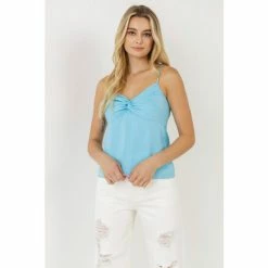 Endless Rose Satin Effect Knotted Top Tops Sky Blue