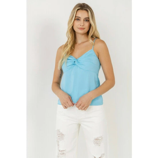 Endless Rose Satin Effect Knotted Top Tops Sky Blue