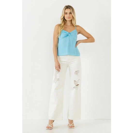 Endless Rose Satin Effect Knotted Top Tops Sky Blue - Image 2