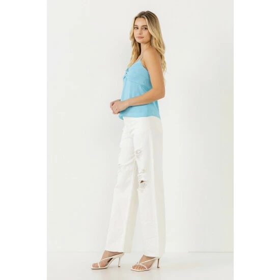 Endless Rose Satin Effect Knotted Top Tops Sky Blue - Image 3