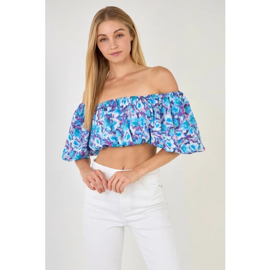 Endless Rose Floral Satin Effect Crop Top Tops Blue Multi