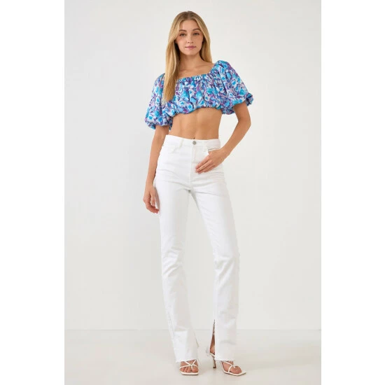 Endless Rose Floral Satin Effect Crop Top Tops Blue Multi - Image 2