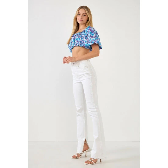 Endless Rose Floral Satin Effect Crop Top Tops Blue Multi - Image 3