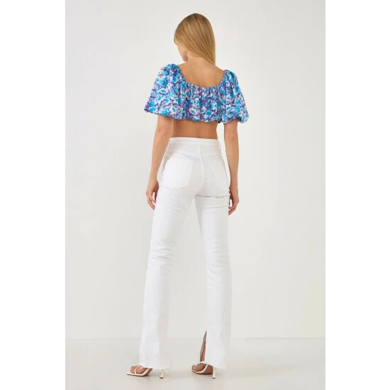 Endless Rose Floral Satin Effect Crop Top Tops Blue Multi - Image 4