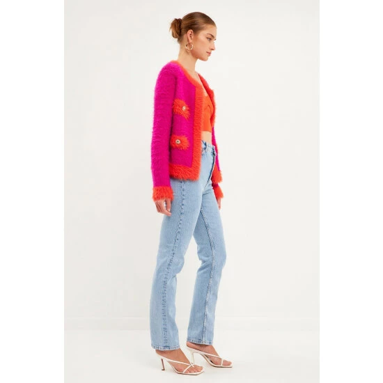 Endless Rose Shank Button With Color Block Cardigan Sweatshirts & Sweaters Fuchsia Combo - Image 7