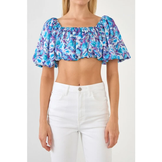 Endless Rose Floral Satin Effect Crop Top Tops Blue Multi - Image 5