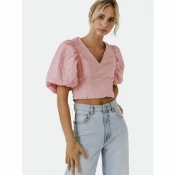 Endless Rose Puff Sleeve Check Jacquard Top Tops Pink