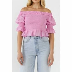 Endless Rose Off The Shoulder Smocked Crop Top Tops Pink