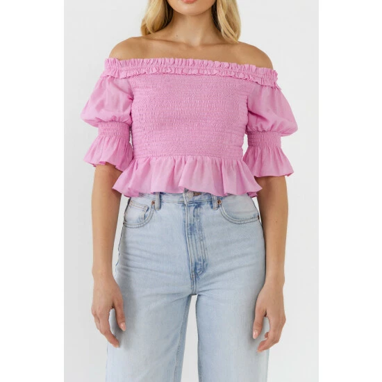 Endless Rose Off The Shoulder Smocked Crop Top Tops Pink