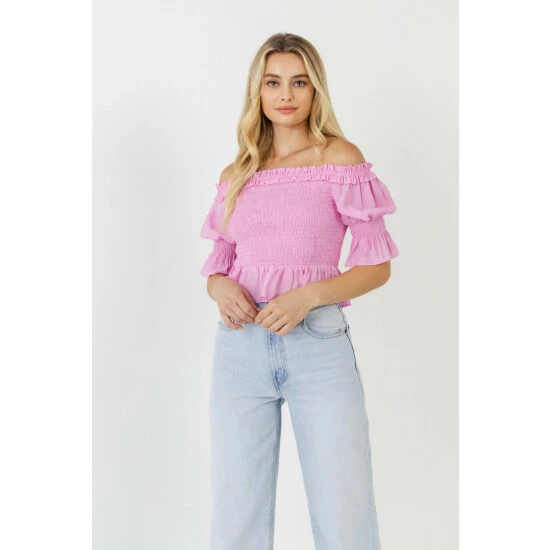 Endless Rose Off The Shoulder Smocked Crop Top Tops Pink - Image 2