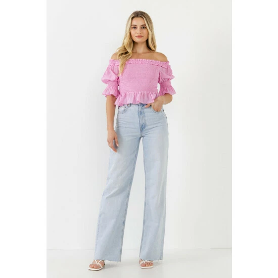 Endless Rose Off The Shoulder Smocked Crop Top Tops Pink - Image 3