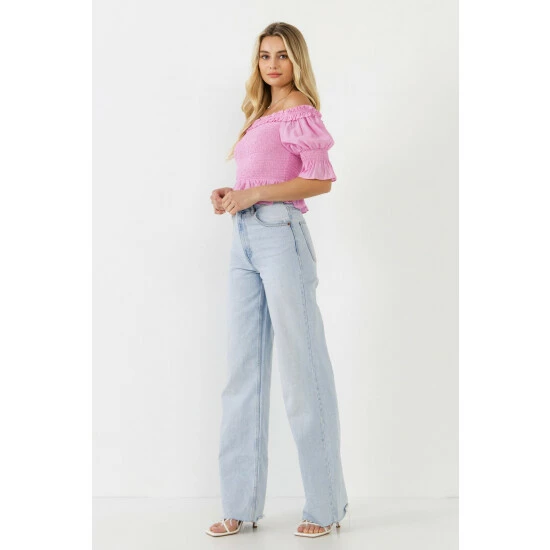 Endless Rose Off The Shoulder Smocked Crop Top Tops Pink - Image 4
