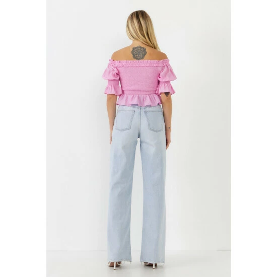 Endless Rose Off The Shoulder Smocked Crop Top Tops Pink - Image 5