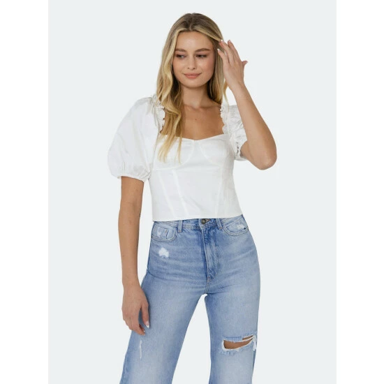 Endless Rose Short Puff Sleeve Cropped Top Tops White