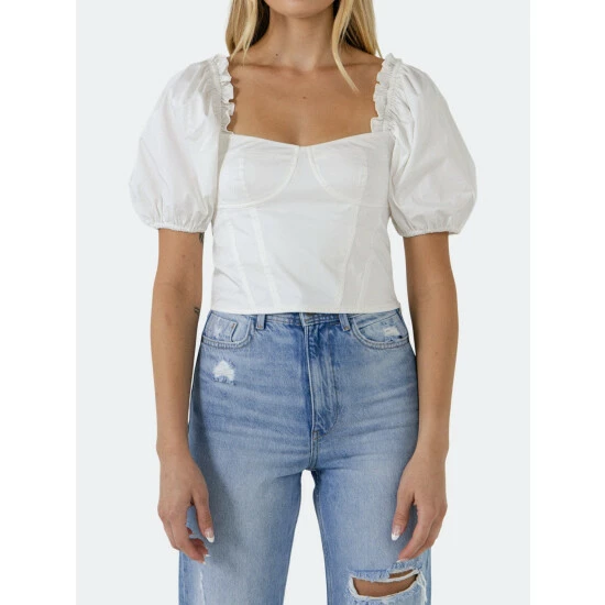Endless Rose Short Puff Sleeve Cropped Top Tops White - Image 5