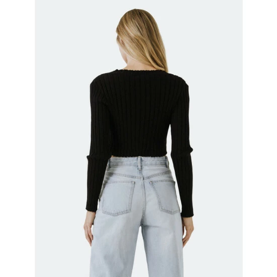 Endless Rose Long Sleeve Ruffled Knit Tops Black - Image 6