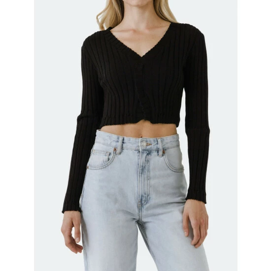 Endless Rose Long Sleeve Ruffled Knit Tops Black - Image 7