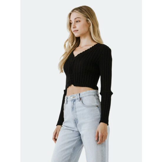 Endless Rose Long Sleeve Ruffled Knit Tops Black - Image 8