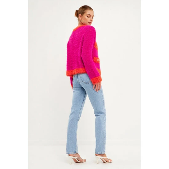 Endless Rose Shank Button With Color Block Cardigan Sweatshirts & Sweaters Fuchsia Combo - Image 8