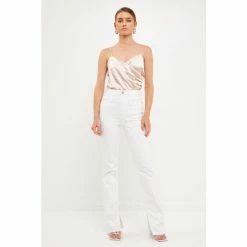 Endless Rose Wrap Cowl Neck Satin Top Tops Beige