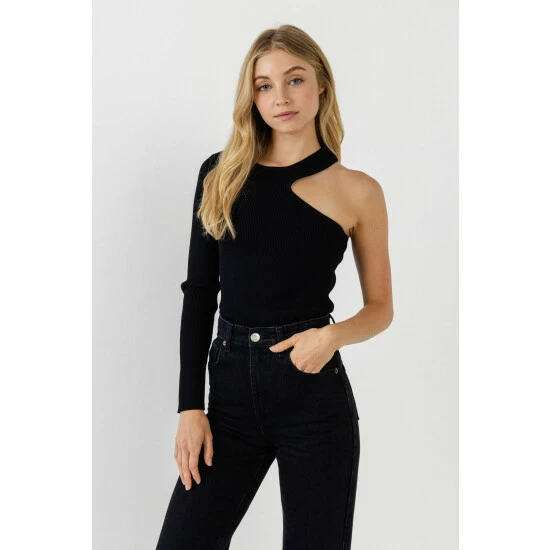 Endless Rose Cut Out One Shoulder Knit Top Tops Black