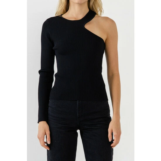 Endless Rose Cut Out One Shoulder Knit Top Tops Black - Image 5