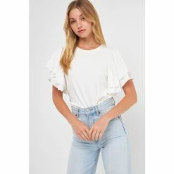 Endless Rose Double Layers Ruffle Sleeve Crew Neck Top Tops White