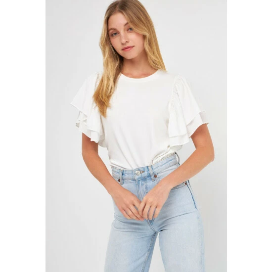 Endless Rose Double Layers Ruffle Sleeve Crew Neck Top Tops White