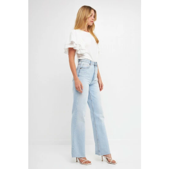 Endless Rose Double Layers Ruffle Sleeve Crew Neck Top Tops White - Image 4