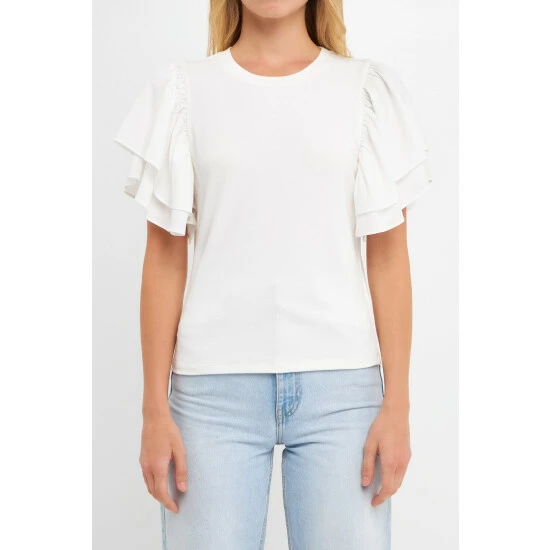Endless Rose Double Layers Ruffle Sleeve Crew Neck Top Tops White - Image 5
