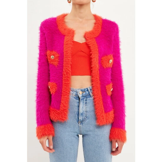 Endless Rose Shank Button With Color Block Cardigan Sweatshirts & Sweaters Fuchsia Combo - Image 9