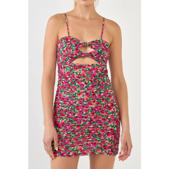 Endless Rose Floral Double Knot Ruched Mini Dresses Magenta