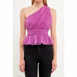 Endless Rose One Shoulder Shirred Tulle Top - Lavender Tops