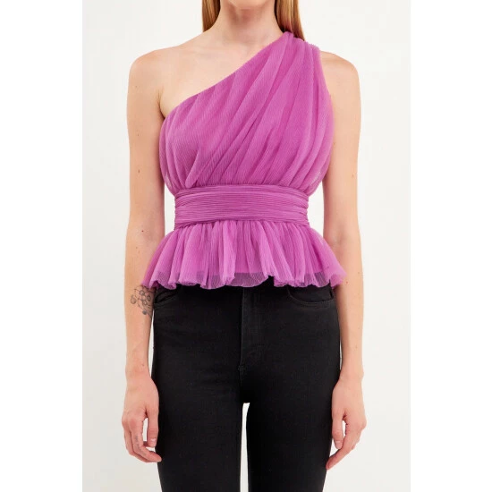 Endless Rose One Shoulder Shirred Tulle Top - Lavender Tops