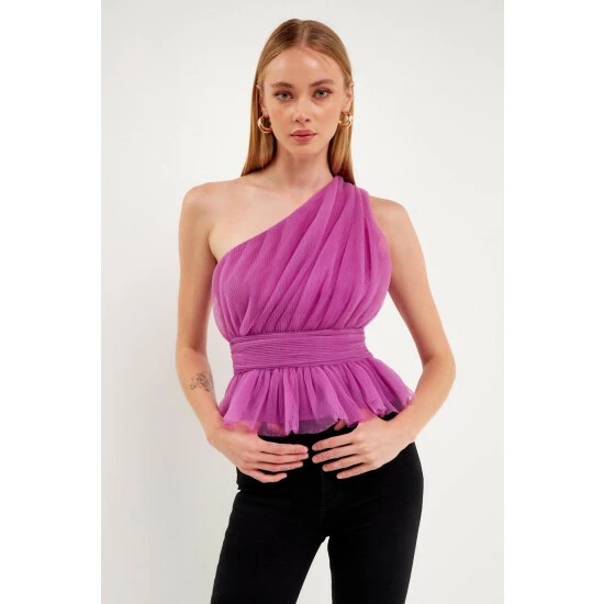 Endless Rose One Shoulder Shirred Tulle Top - Lavender Tops - Image 2