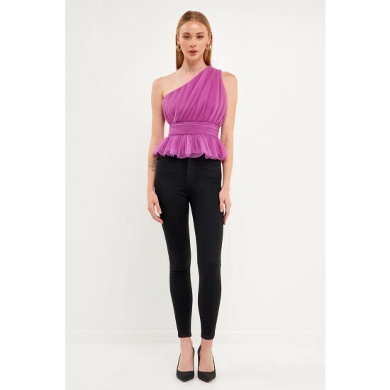 Endless Rose One Shoulder Shirred Tulle Top - Lavender Tops - Image 3