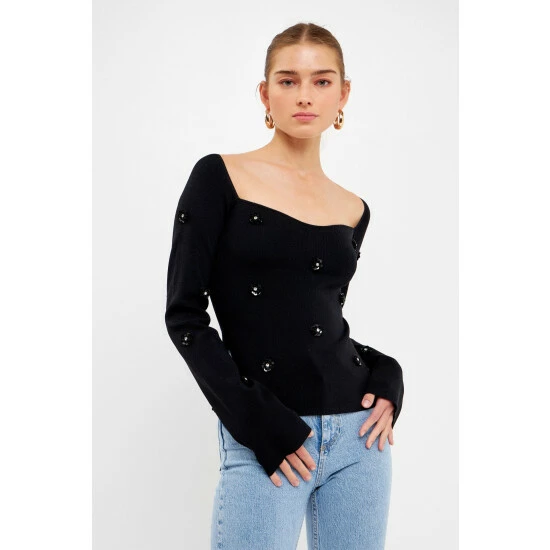 Endless Rose Sequin Flower Sweater Sweatshirts & Sweaters Black - Image 4