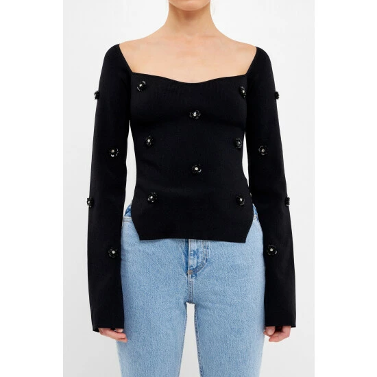 Endless Rose Sequin Flower Sweater Sweatshirts & Sweaters Black - Image 5