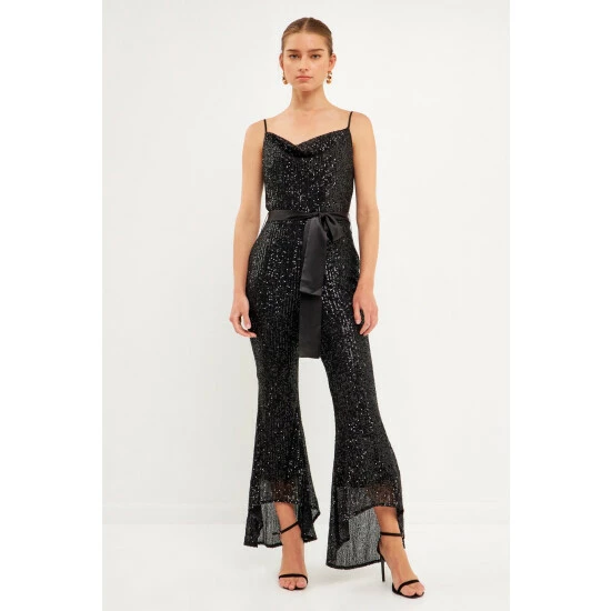Endless Rose Sequin Spaghetti Strap Jumpsuit Jumpsuits & Rompers Black