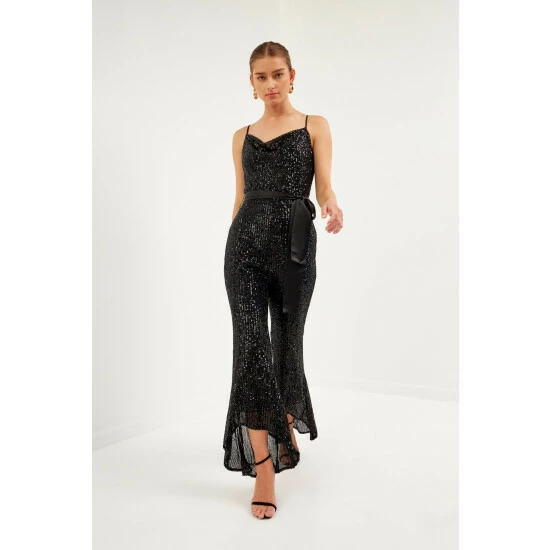 Endless Rose Sequin Spaghetti Strap Jumpsuit Jumpsuits & Rompers Black - Image 2