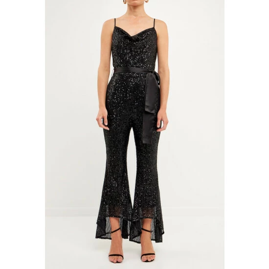 Endless Rose Sequin Spaghetti Strap Jumpsuit Jumpsuits & Rompers Black - Image 4