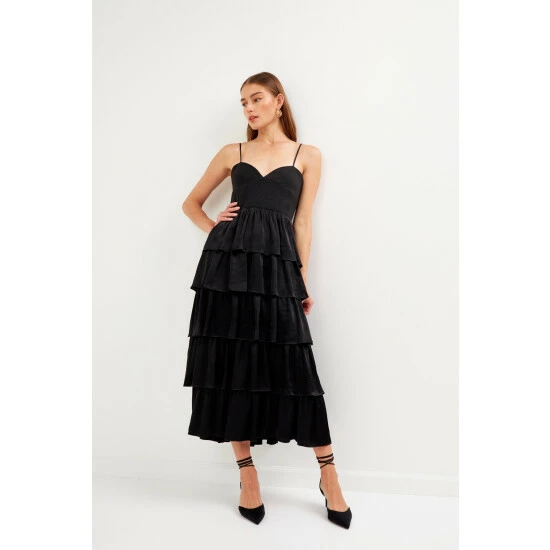 Endless Rose Mixed Media Tiered Dress Dresses Black